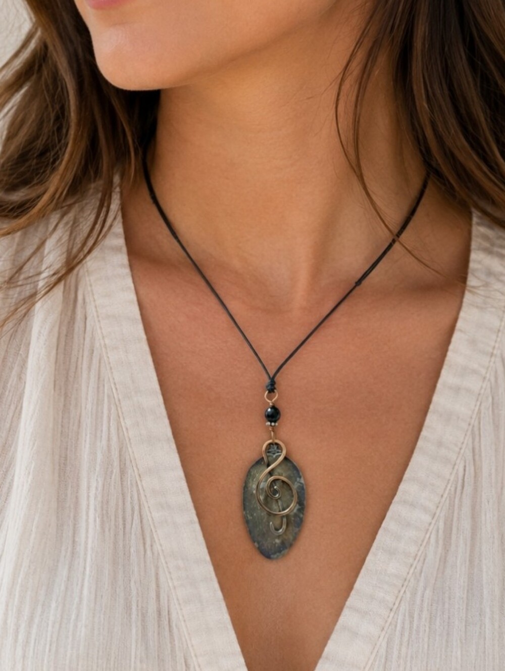 Treble Clef Hammered Metal Pendant  Necklace - Boho Music Jewelry Adjustable